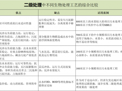 二級處理中不同生物處理工藝的綜合比較